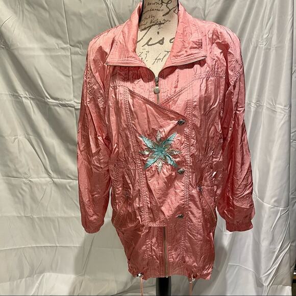 Vintage 80s Pink Seashell Grandma Oversized Windbreaker Sz M Shell Button - Picture 4 of 11